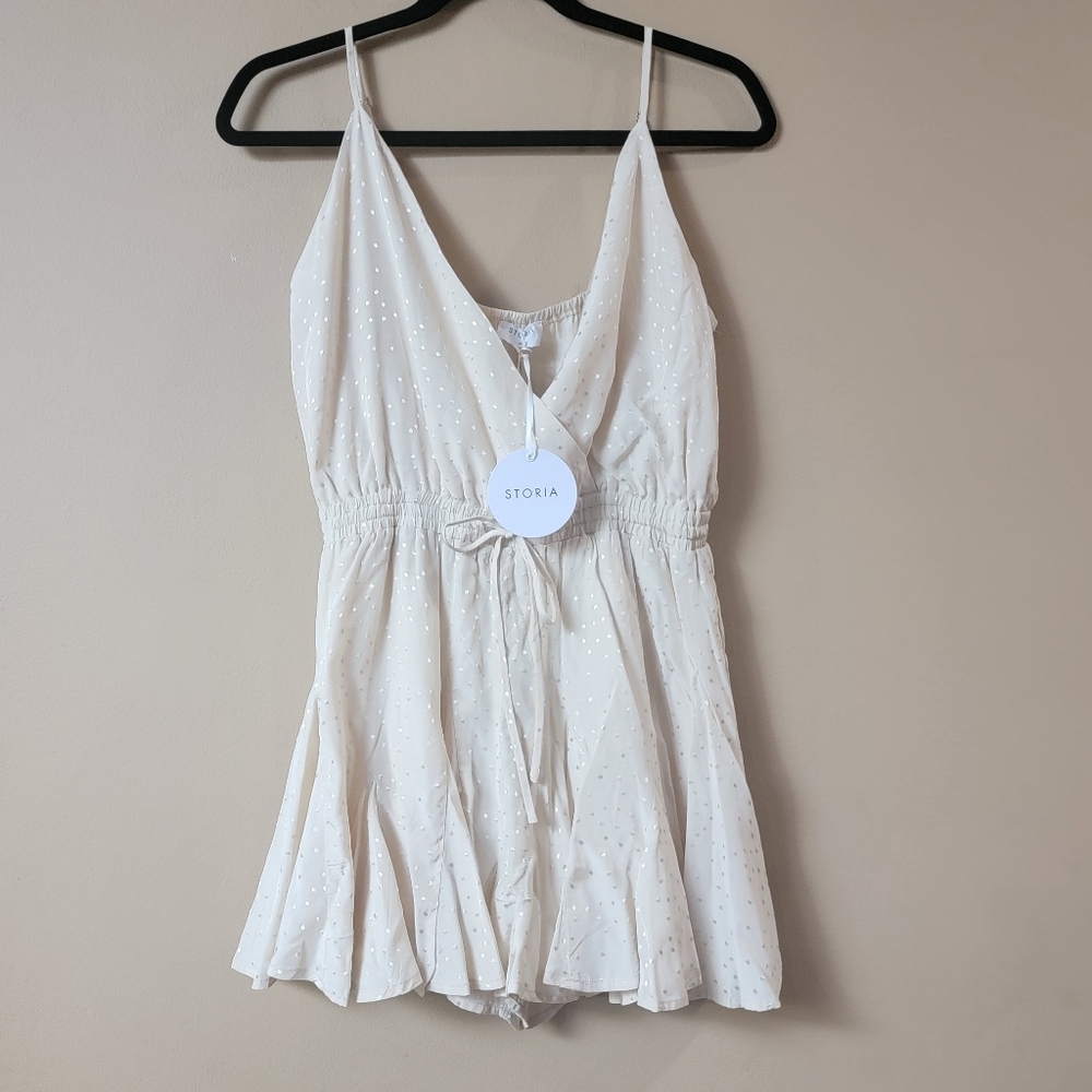 Storia | Spaghetti Strap cross front rouched waistband Gold Dot Romper MEDIUM